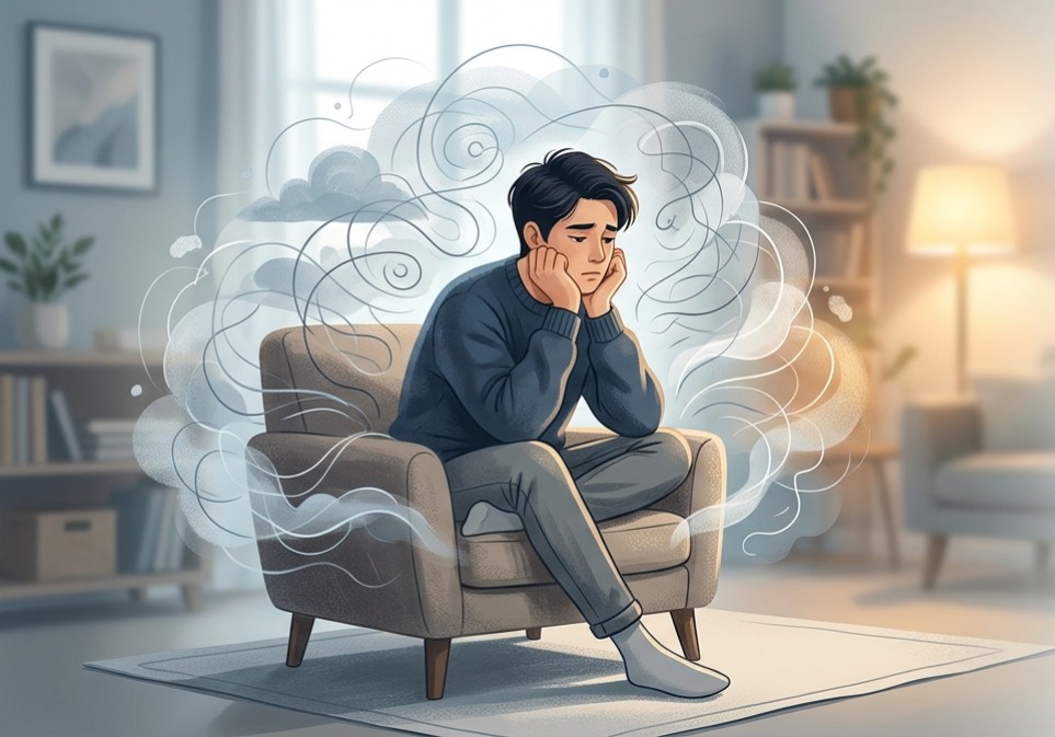 Illustration of a person feeling anxious, surrounded by swirling thoughts