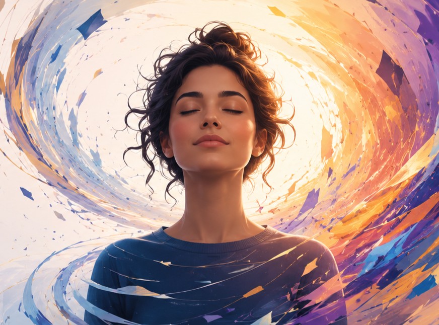 Illustration of a woman with eyes closed in a peaceful expression, surrounded by swirling blue and golden shapes